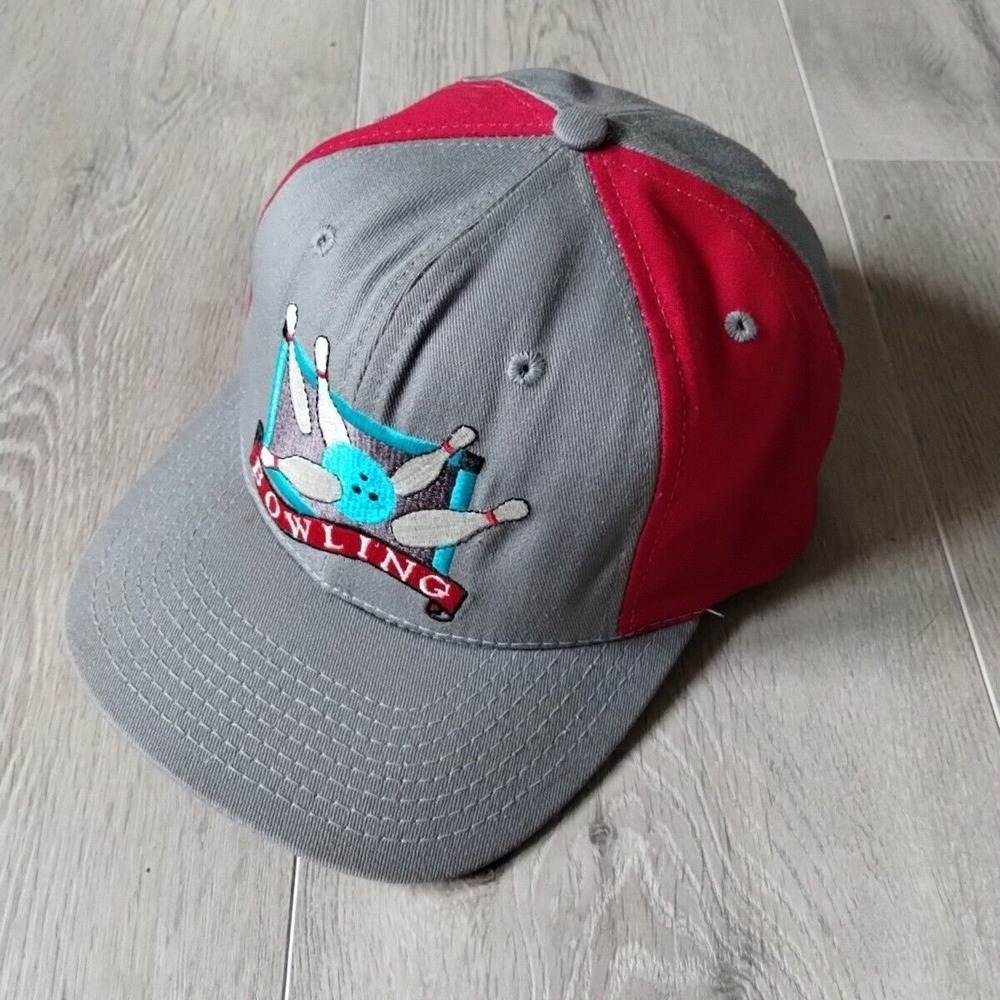 Vintage Bowling Hat Snapback Trucker Cap USA Made Red Gray Adjustable 6 Panel